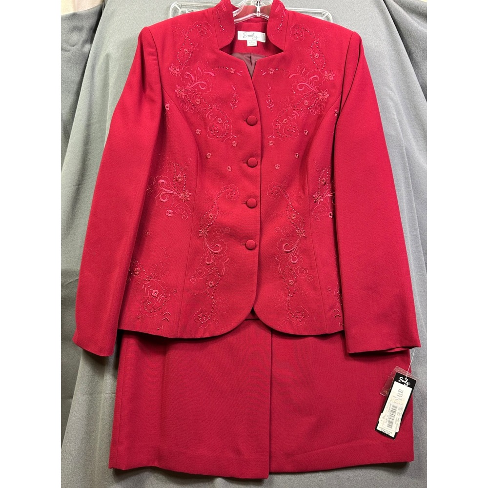 Emily Red Skirt Suit Set Embroidered Beaded Mock Neck Blazer Skirt Women 16 NEW